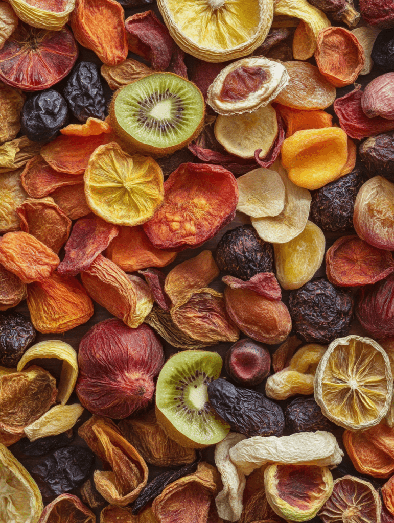 An assortment of dried fruits, including slices of kiwi, lemon, orange, apricot, apple, and various berries, are spread out in a colorful display—a testament to the art of dehydrating.