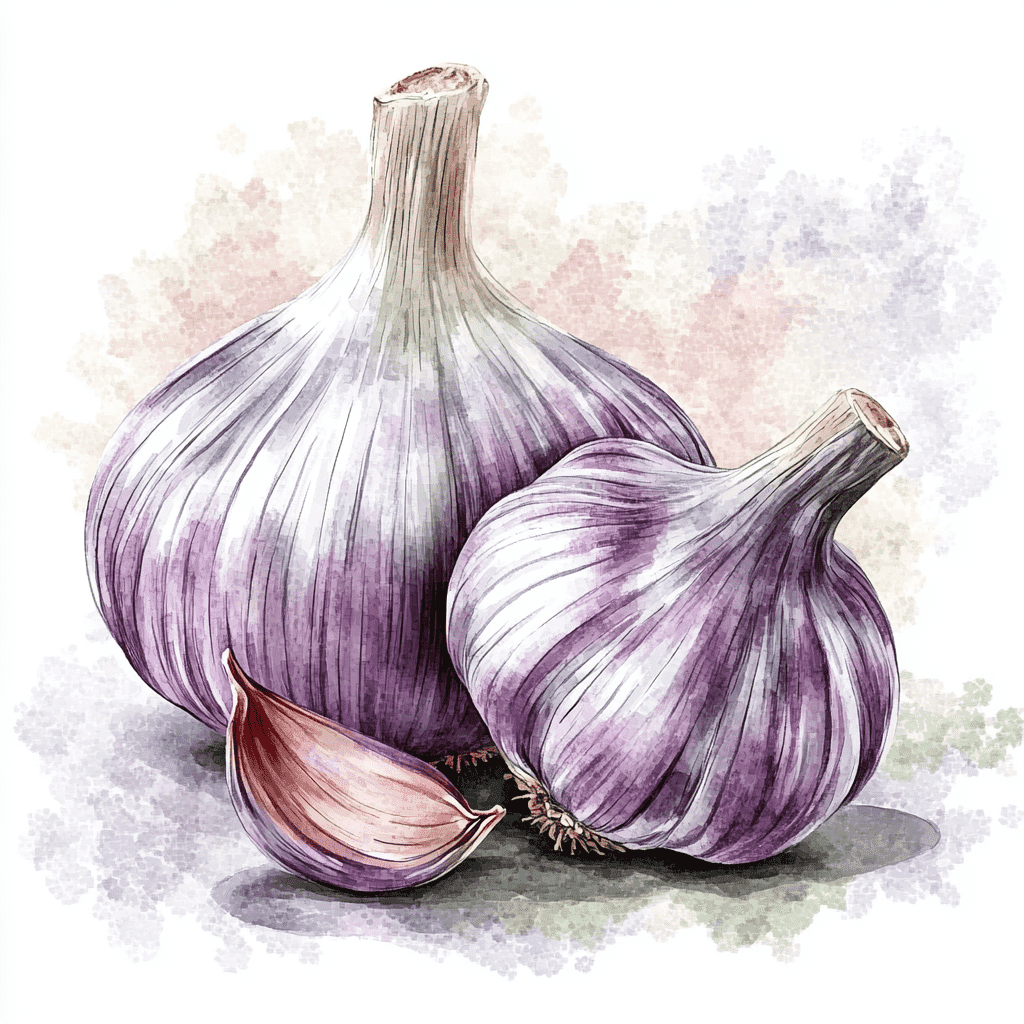 Illustration of two whole garlic bulbs, one smaller than the other, and a single garlic clove, all with purplish-white husks.