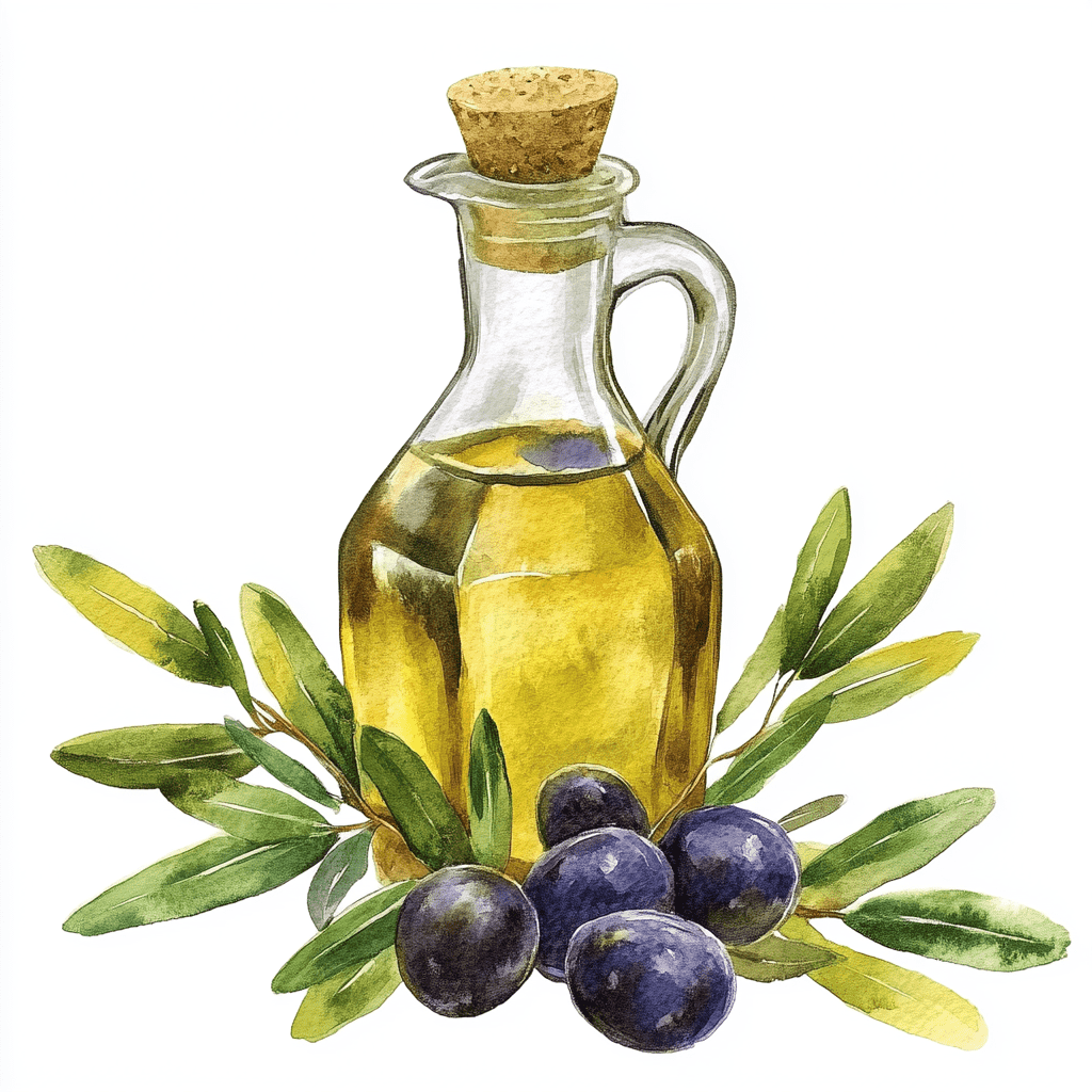 Illustration of a glass bottle filled with olive oil, sealed with a cork stopper, surrounded by olives and olive branches.