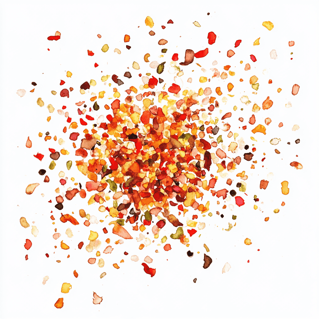 A burst of colorful confetti pieces scattered randomly on a white background, displaying hues of red, orange, yellow, and brown.