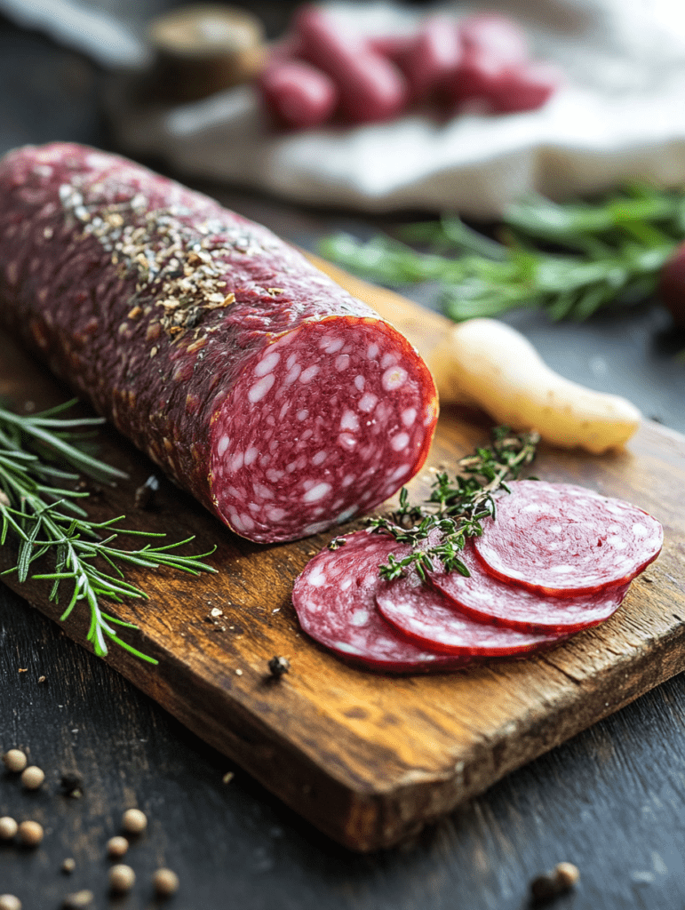 A salami log is sliced on a wooden cutting board, garnished with rosemary and thyme. Peppercorns are scattered around, elevating the entertaining experience.