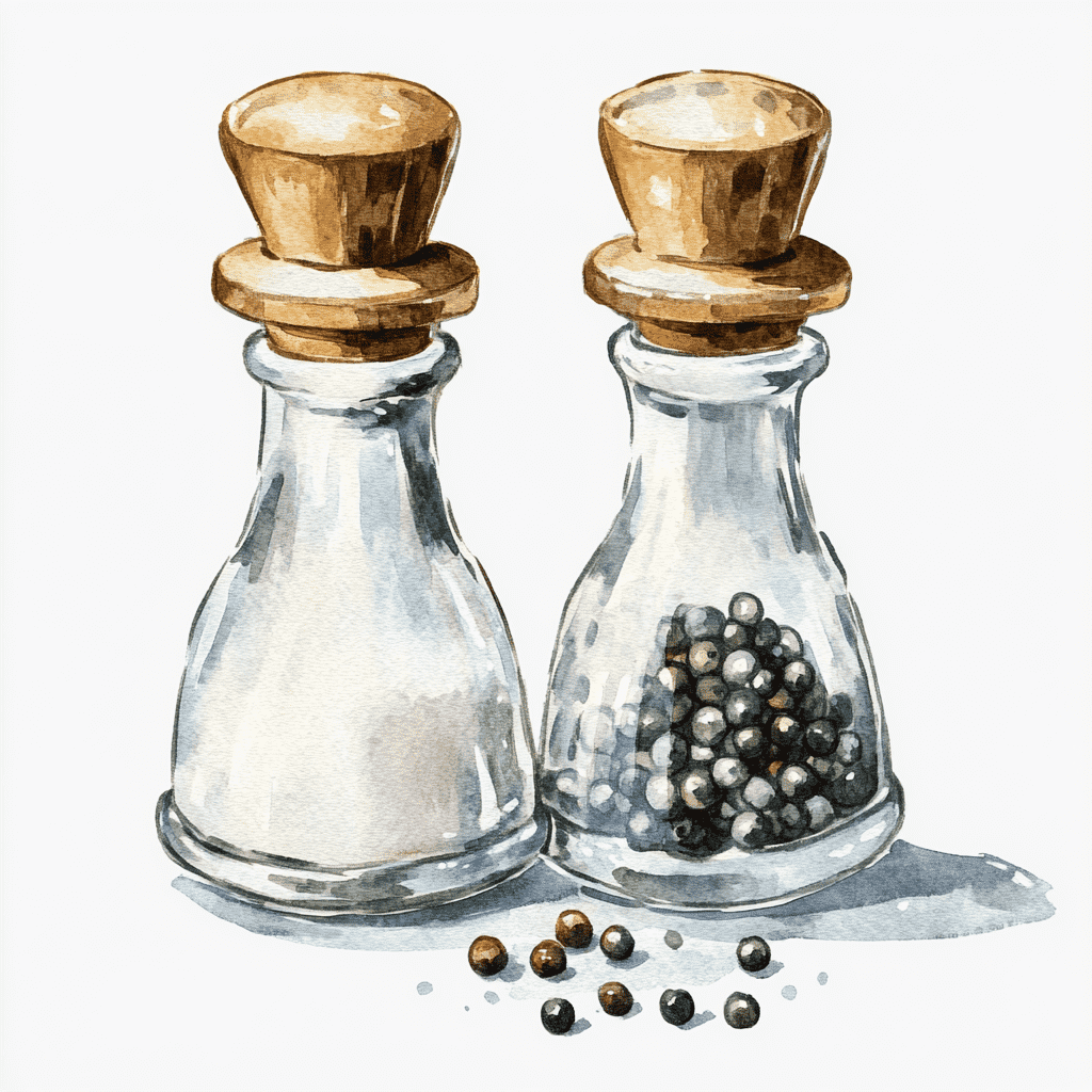 Illustration of two glass shakers, one containing salt and the other filled with peppercorns, both with wooden tops. Some peppercorns are scattered outside the pepper shaker.