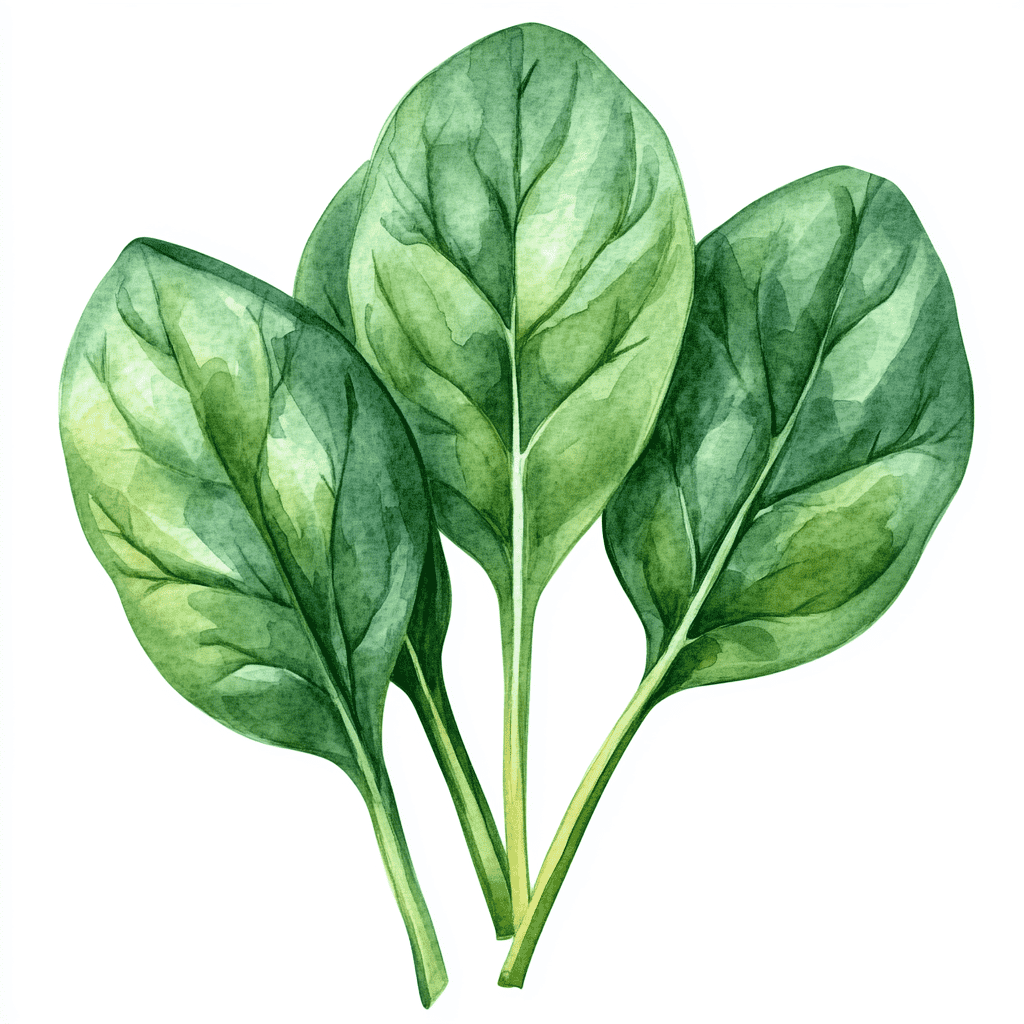 Three green spinach leaves with visible veins, illustrated with a realistic style against a plain white background.